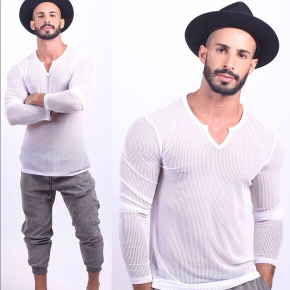 🔥🔥 MENS WHITE RIBBED SEE THROUGH LONG SLEEVE 🔥 - Picture 2 of 2